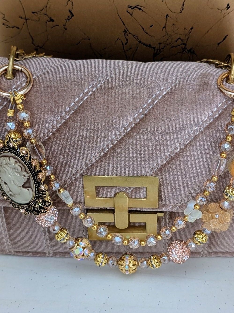Stylish Blush Pink Quilted Chain Shoulder Bag with Gold Hardware